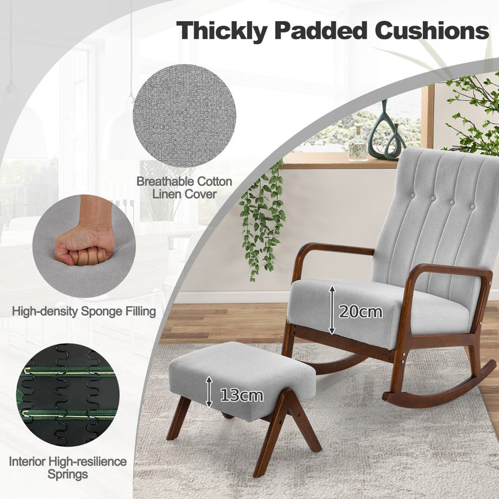 Costway Grey Upholstered Fabric Rocking Chair Image 4