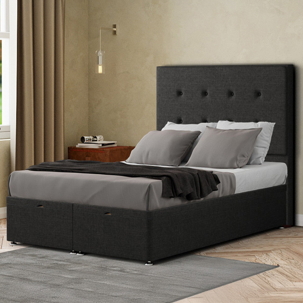 Eleganza Darlington Small Double Black Linen Ottoman Bed with Floor Standing Headboard Image 1