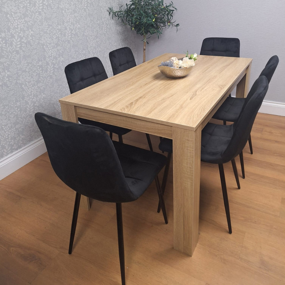 Portland Rocco 6 Seater Velvet Dining Set Wooden Oak Effect and Black Image 5