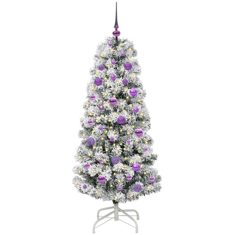 vidaXL Pre-Lit Warm White LED and Lilac Baubles Snow Flocked Artificial Christmas Tree 5ft Image 1