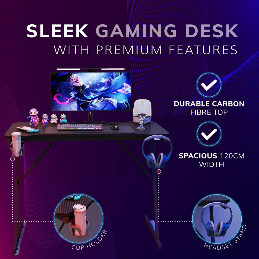 House of Home Carbon Fibre Top Computer Gaming Desk Black Image 3