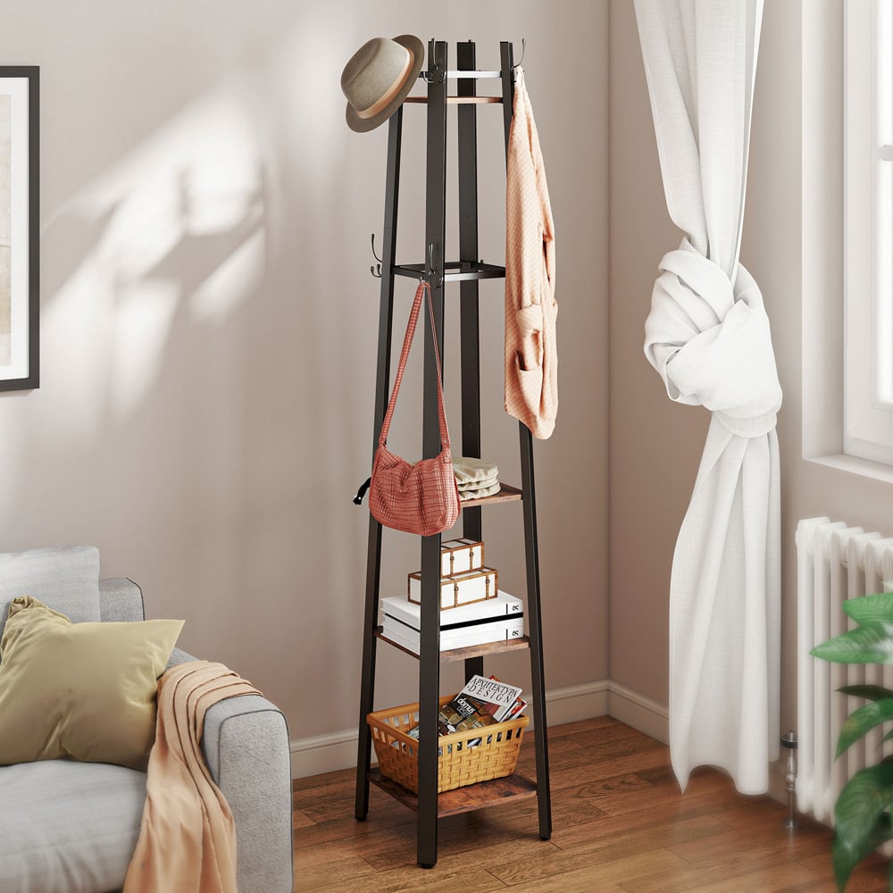 HOMCOM 4 Shelf 8 Hooks Rustic Brown Industrial Coat Stand Image 4