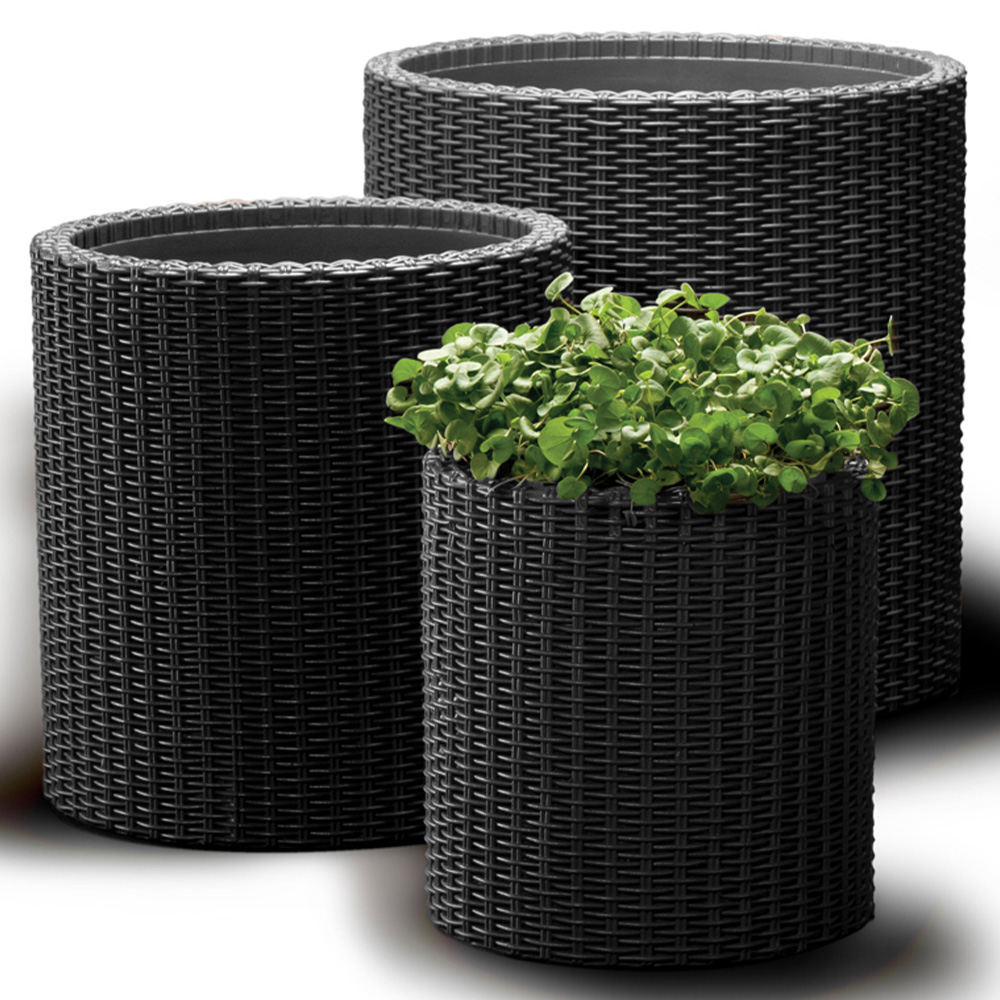 Keter 3 Piece Graphite Rattan Effect Cylinder Planter Set Image 2
