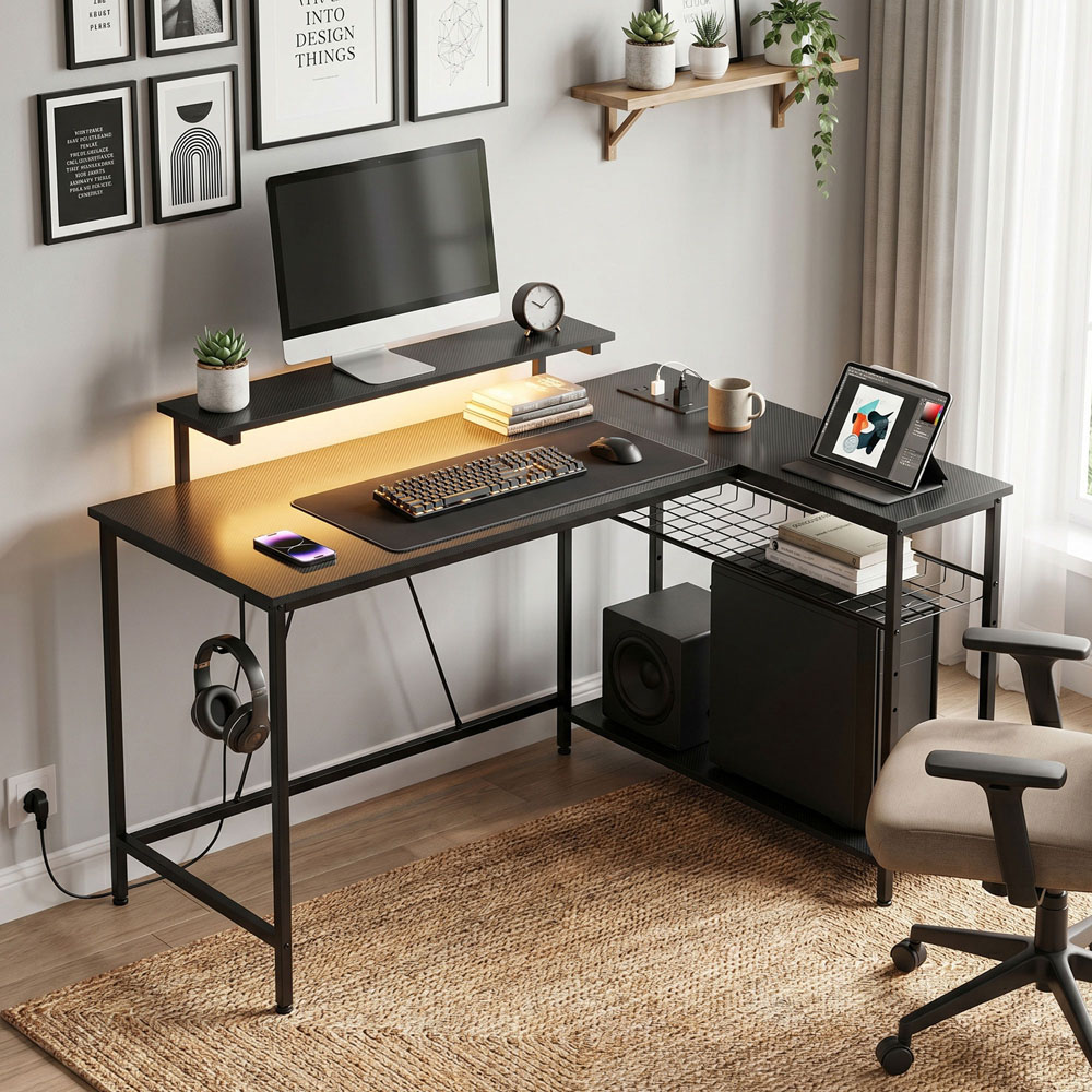 HOMCOM 3 Shelf L-Shaped Office Desk with LED Black Image 4