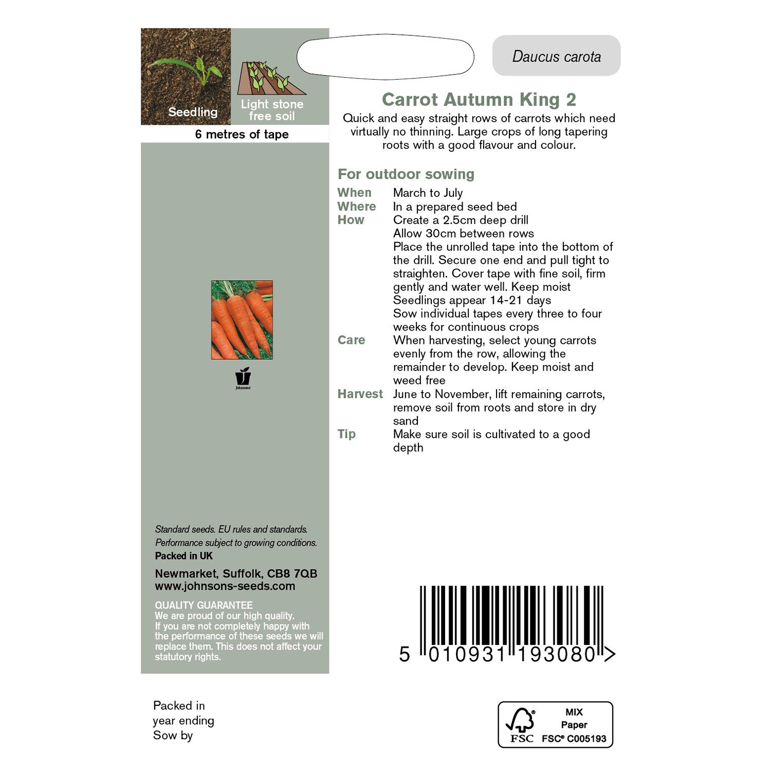 Johnsons Autumn King Carrot Seed Tape Image 2