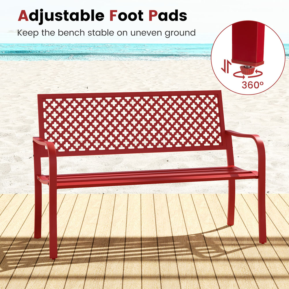 Costway 2 Seater Red Metal Garden Bench with Slatted Seat and Backrest Image 7