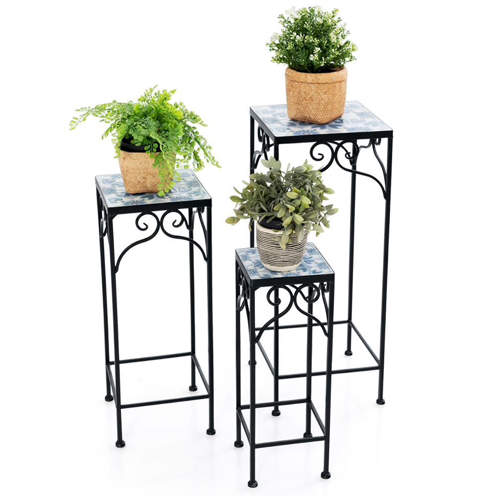 Costway Blue Mosaic Tile Metal Plant Stand Set of 3 Image 3