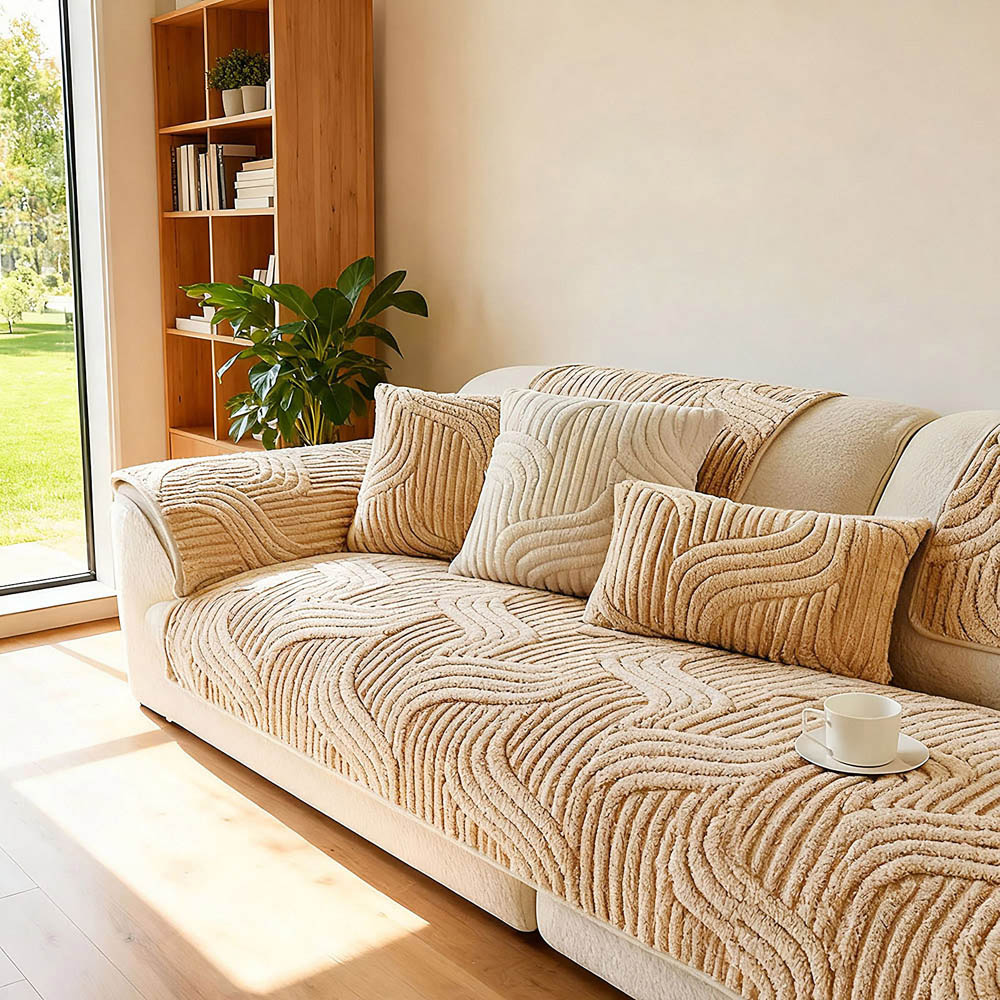 Living and Home 160 x 90cm Light Brown Minimalist Wavy Geometric Non-Slip Sofa Mat Image 2