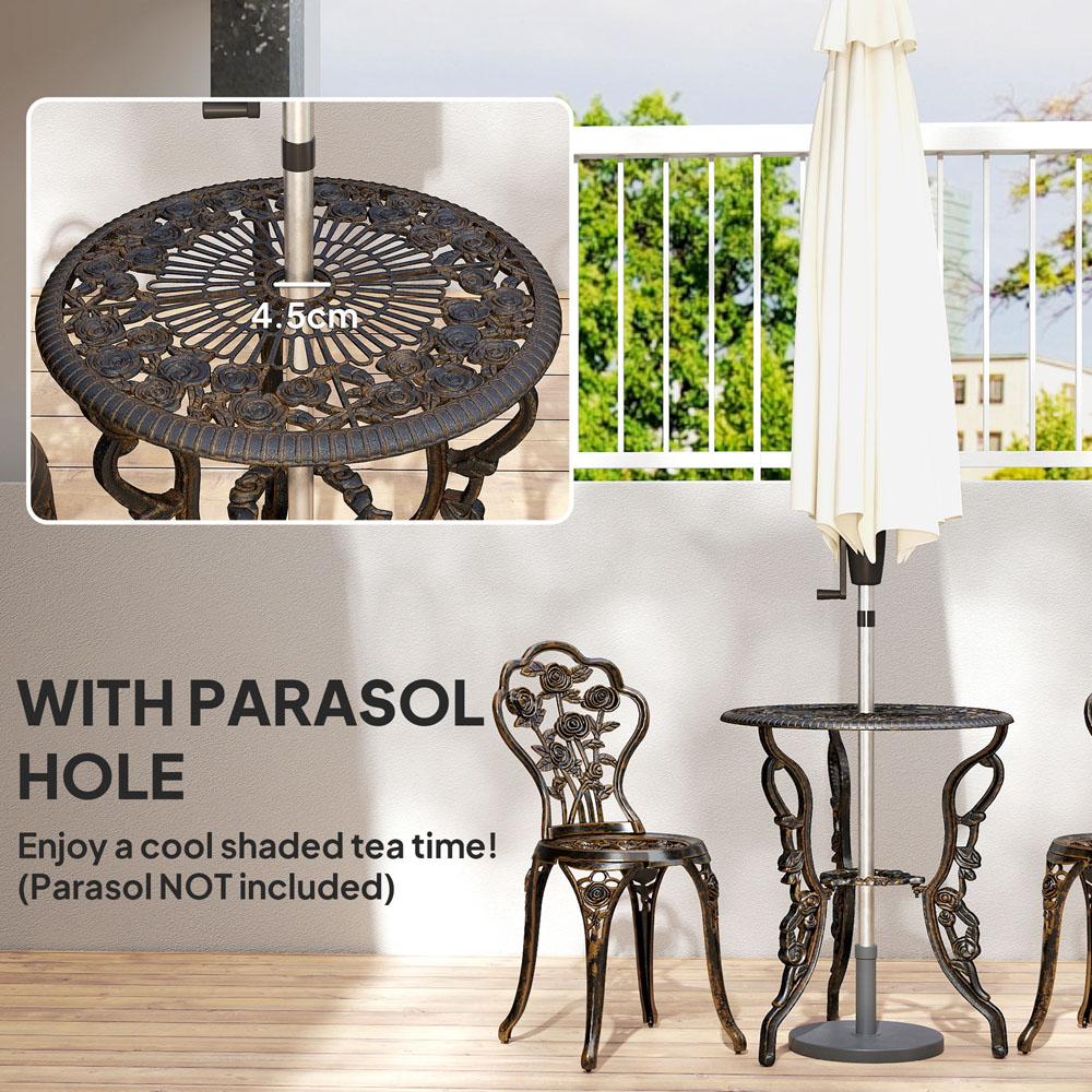 Outsunny 2 Seater Brown Rose Design Metallic Garden Bistro Set with Umbrella Hole Image 7