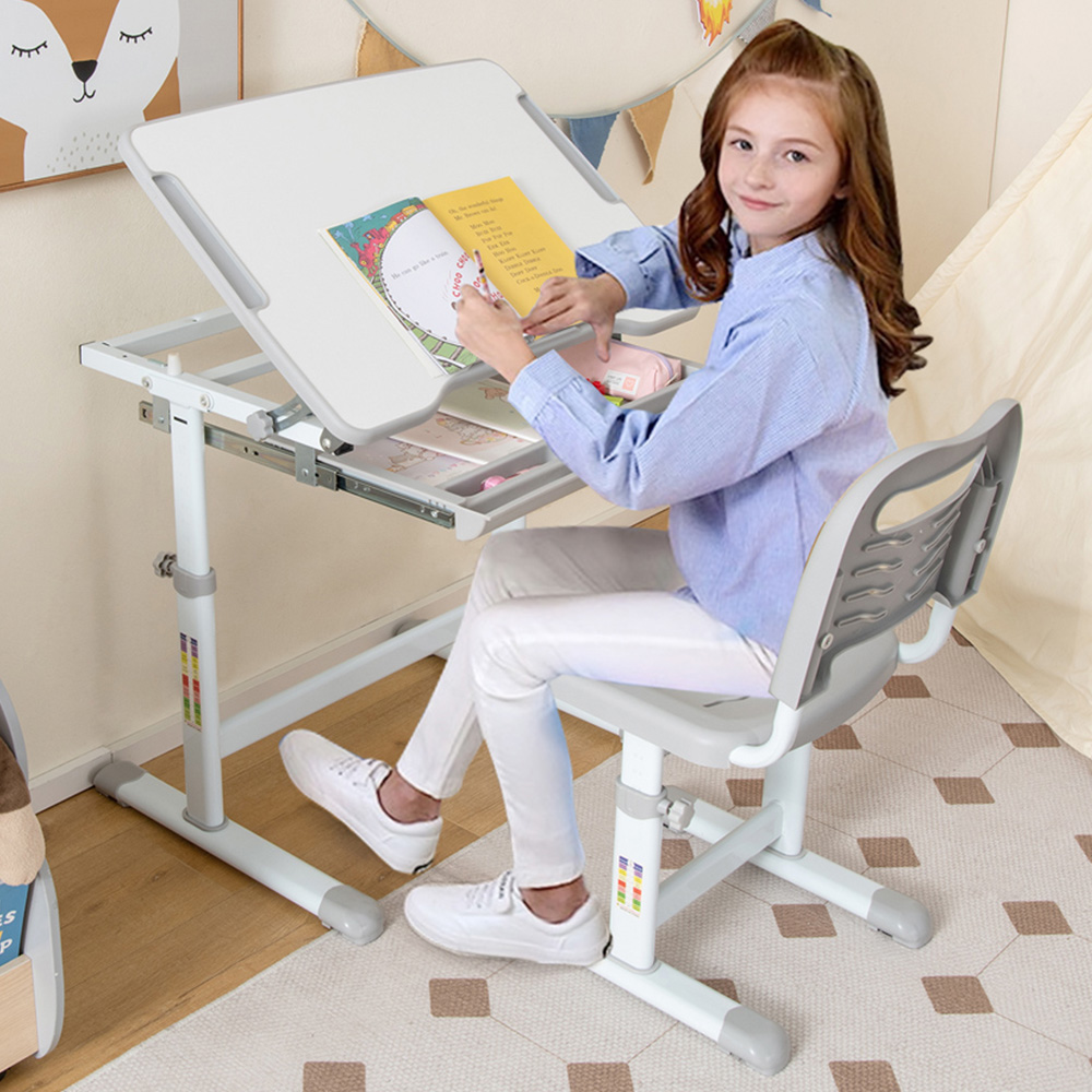 Costway Adjustable Grey Kids Study Table and Chair Set Image 1