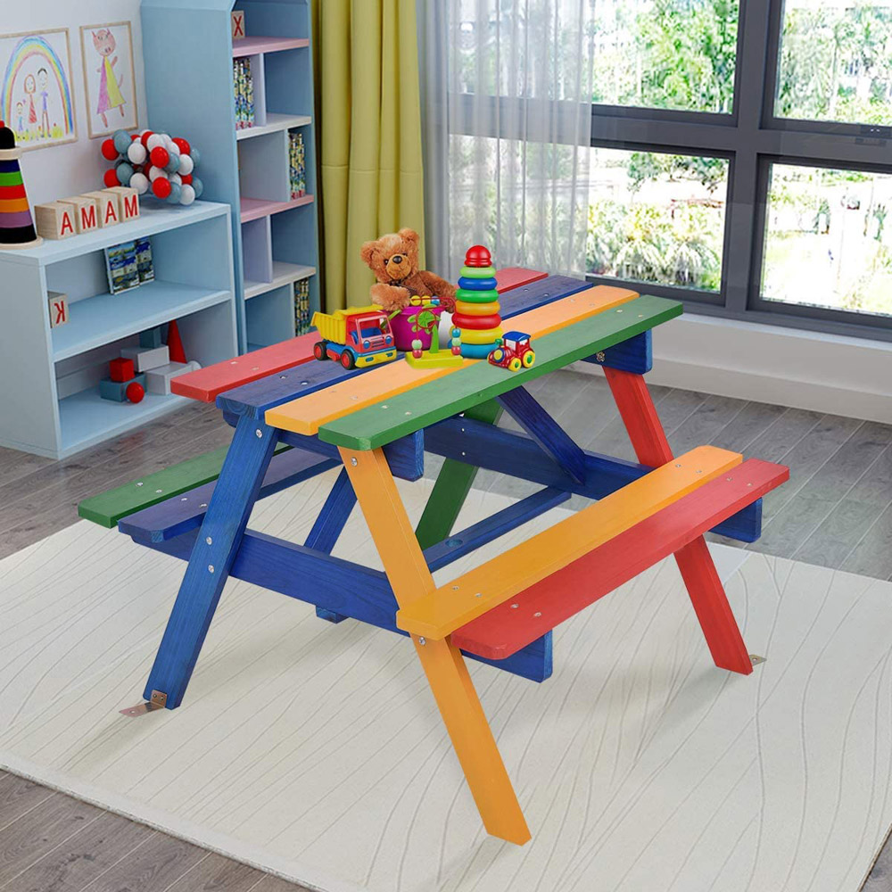 Costway 4 Seater Kids Wooden Picnic Table and Bench Set with Umbrella Image 4