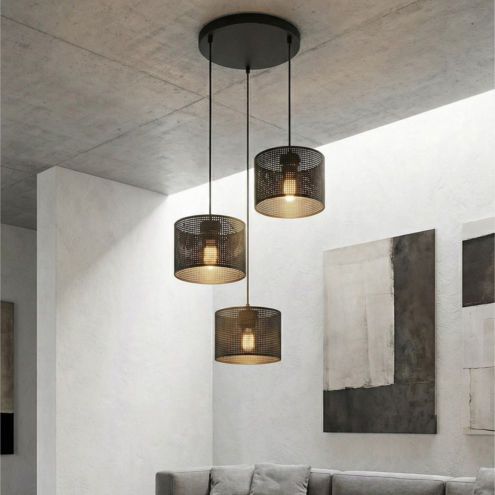 Emibig Lux Prem 3 Light Cylindrical Shade Black E27 Ceiling Pendant Light Image 2