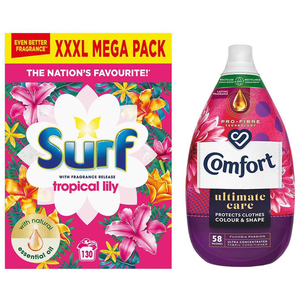 Surf Tropical Lily Laundry Powder with Comfort Fuchsia Passion Fabric Conditioner Image 1