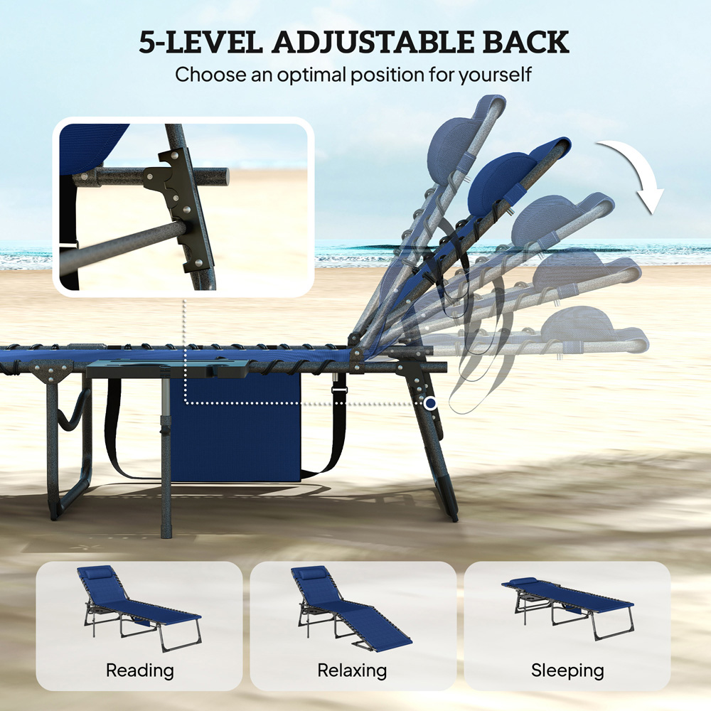 Outsunny Dark Blue 5-Level Reclining Foldable Sun Lounger with Cup Holder Image 7