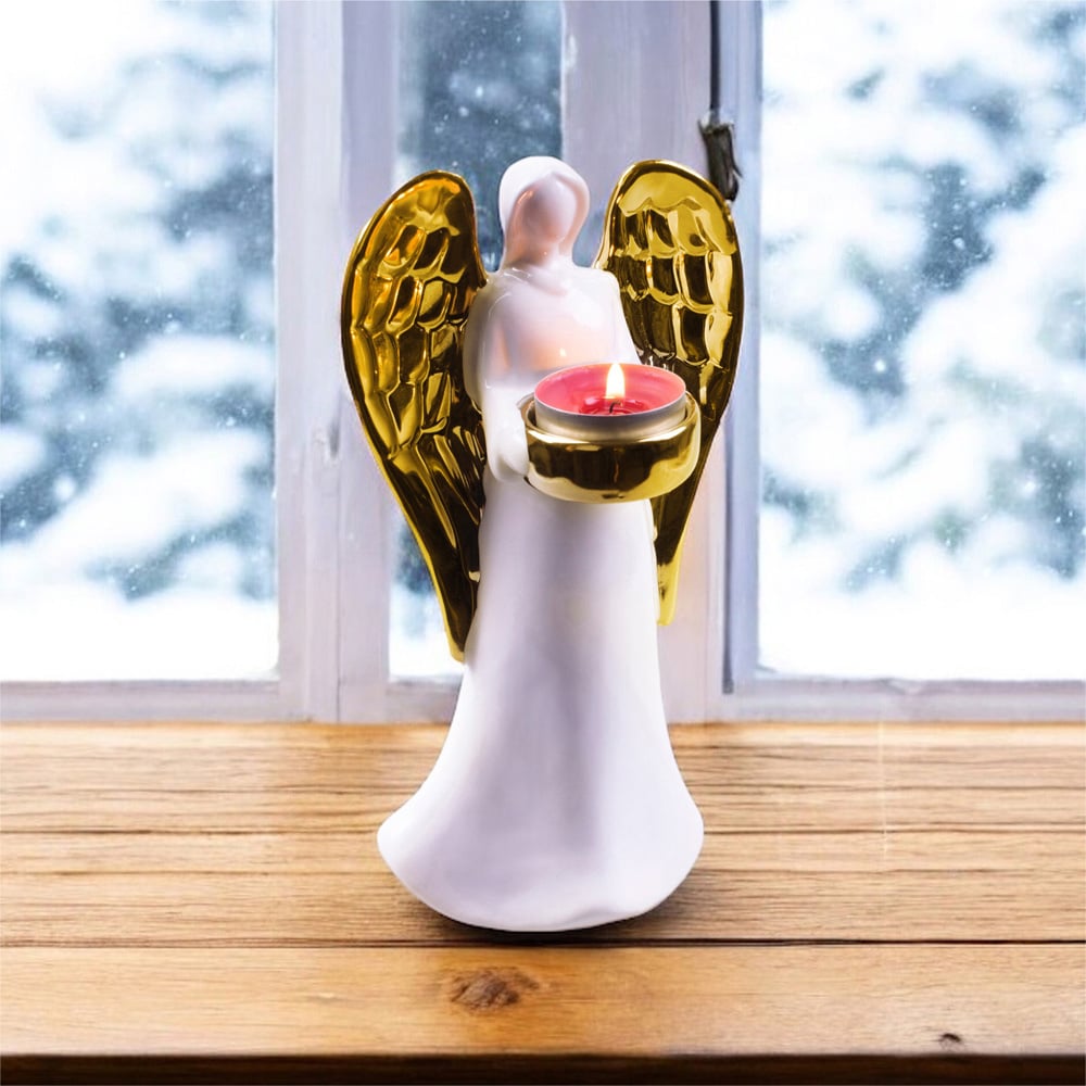 St Helens Gold Wings Standing Ceramic Angel Tealight Holder Image 2