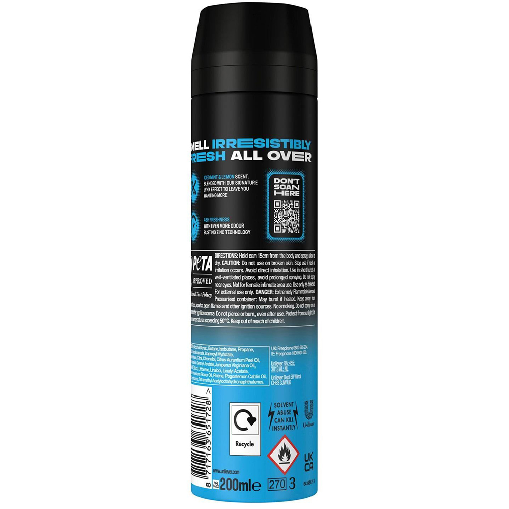 Lynx Ice Chill Iced Mint and Lemon 48H Protection Deodorant Body Spray 200ml 24 Pack Image 3