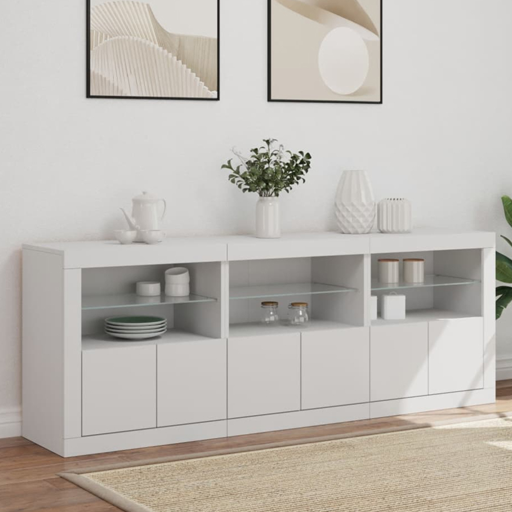 vidaXL 2 Door 2 Shelf White LED Sideboard Set of 3 Image 1