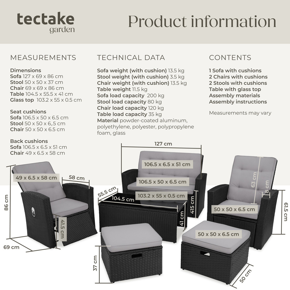 tectake Bari 6 Seater Black Rattan Reclining Garden Lounge Set Image 9