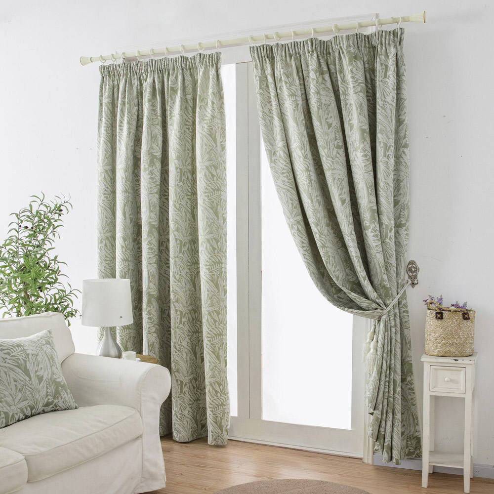 Alan Symonds Green Chenille Jacquard Lined Pencil Pleat Taped Top Curtains 117 x 137cm Image 1