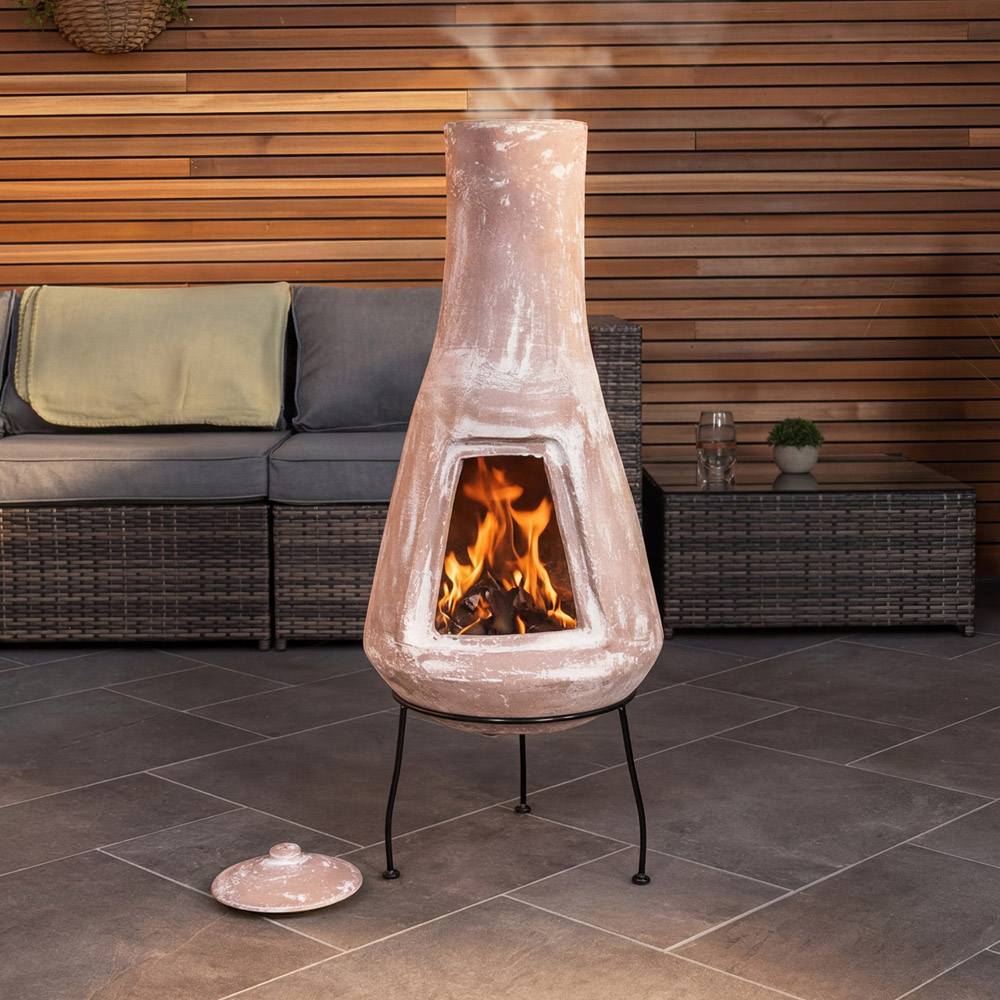Snug Barcelona Natural Slender Design Large Clay Chiminea with Lid and Iron Stand Image 2