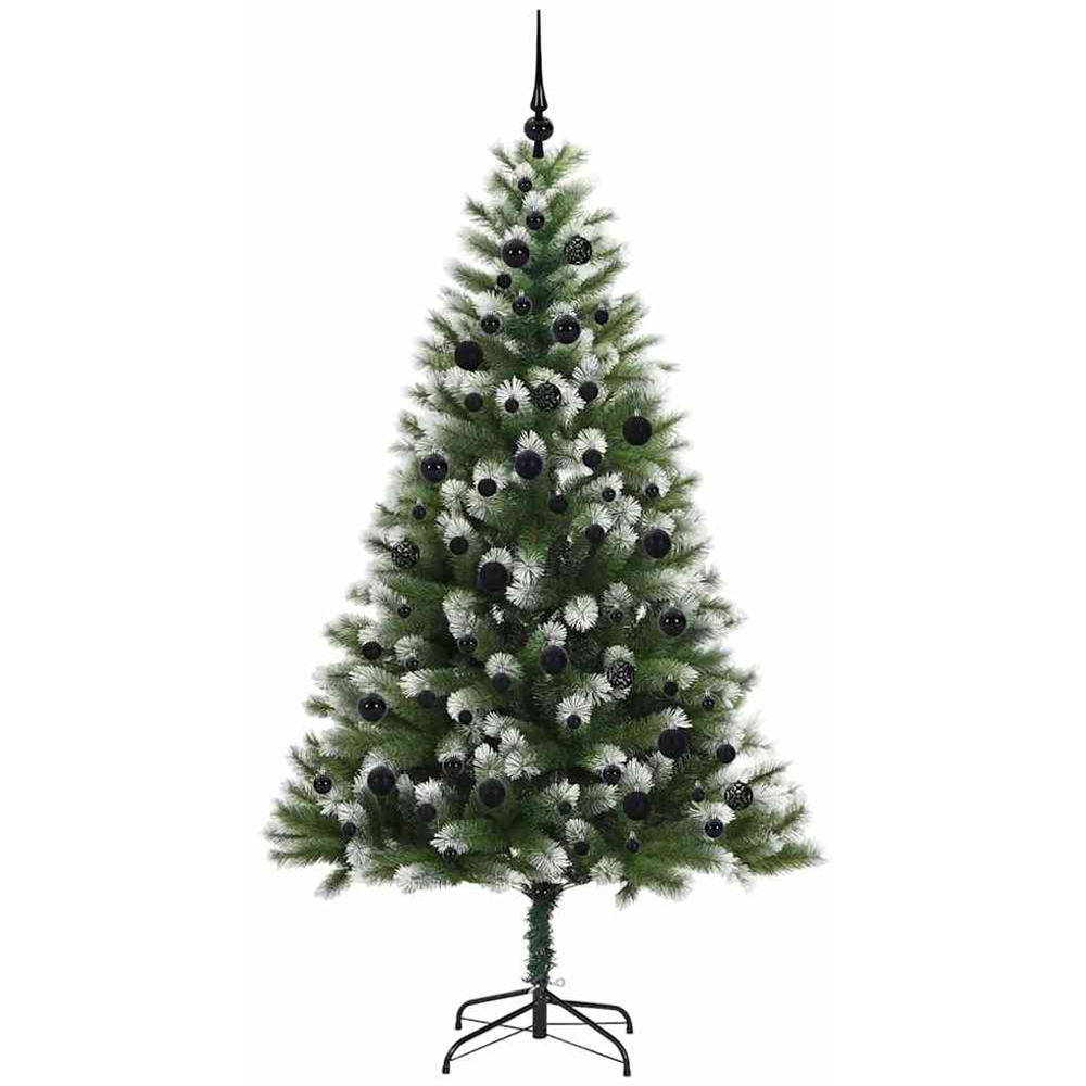 vidaXL Pre-Lit Black Baubles Green Artificial Snow Tipped Hinged Christmas Tree 7ft Image 4