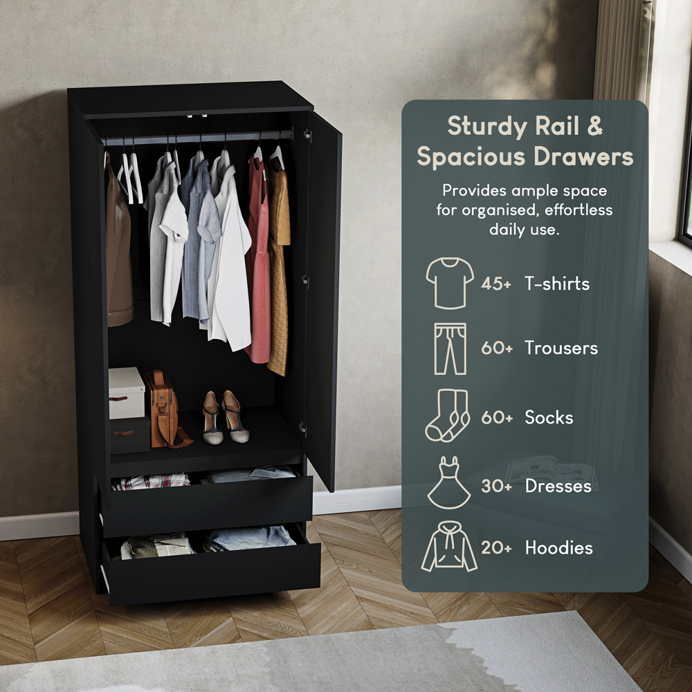 VIDA DESIGNS Denver 2 Door 2 Drawer Black Wardrobe Image 6