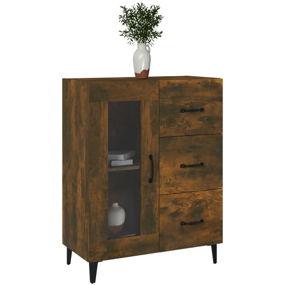 vidaXL Single Glass Door 3 Drawer Smoked Oak Sideboard Image 4