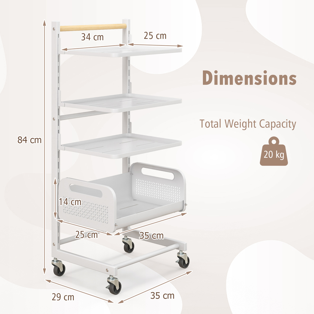 Costway 4 Shelf White Adjustable Utility Rolling Cart Image 9
