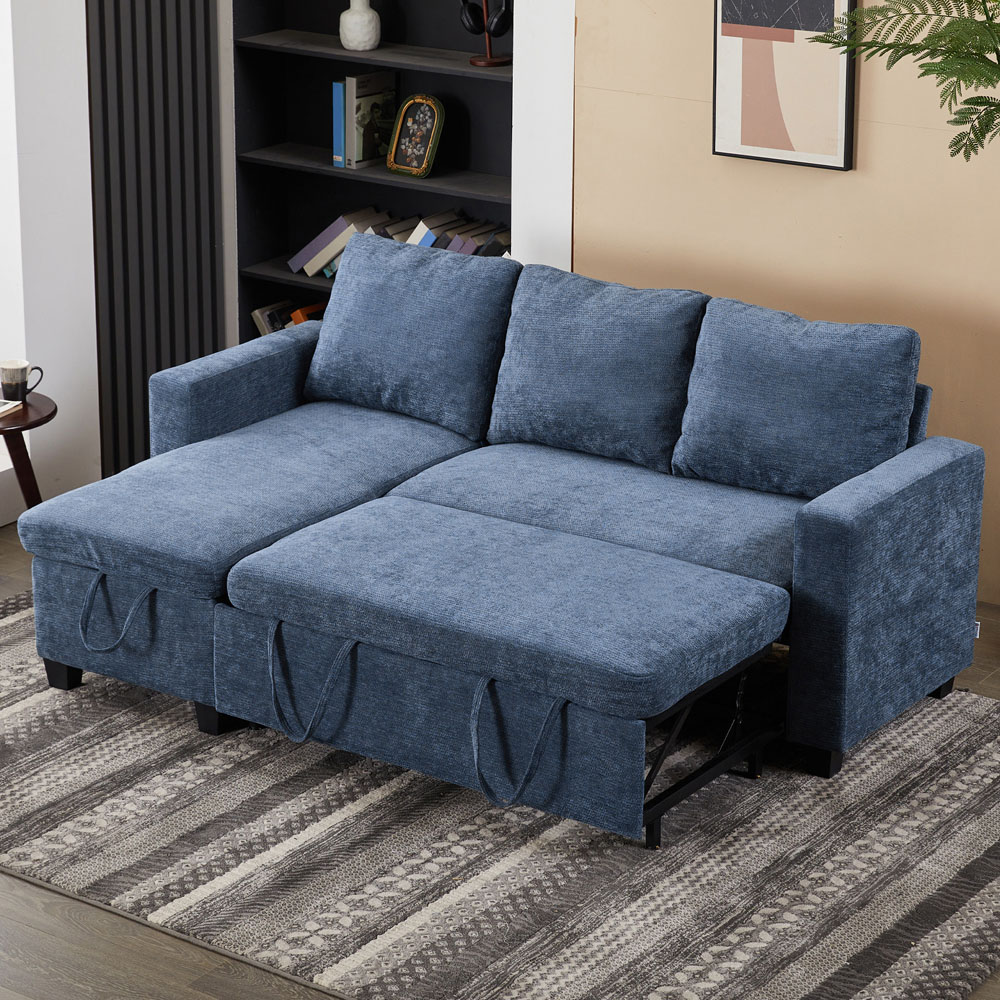 Living and Home 3 Seater Blue Chenille L-Shaped Sofa Bed with Storage Chaise Image 7