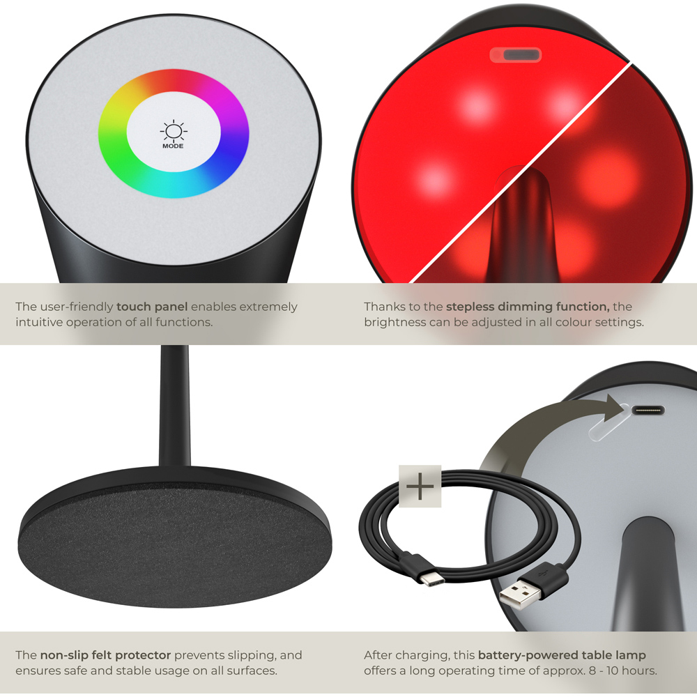 tectake Corly Black Rechargeable Dimmable Table Lamp Image 4