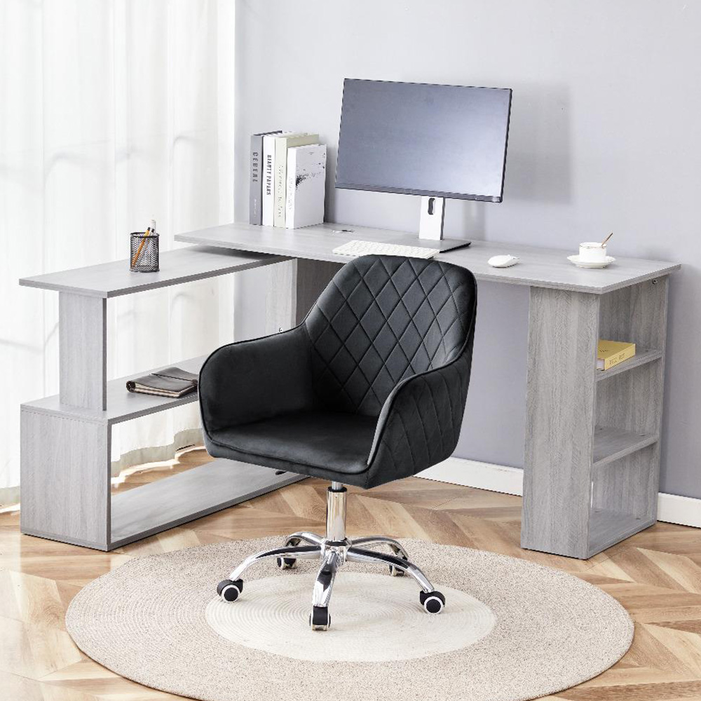 Kosy Koala Grey Wooden L Shaped Office Desk with Black Velvet Upholstered Chair Image 1