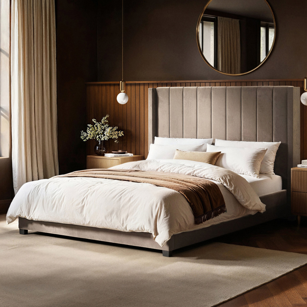 Flair Tiggy King Size Beige Velvet Ottoman Bed with Winged Headboard Image 1