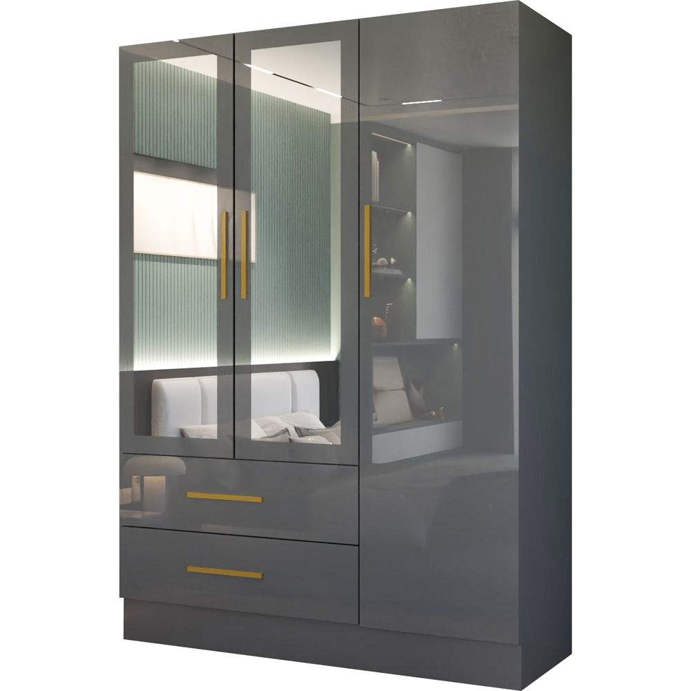 M N Furniture Glossera 3 Door 2 Drawer Grey High Gloss Mirrored Wardrobe 116cm Image 2