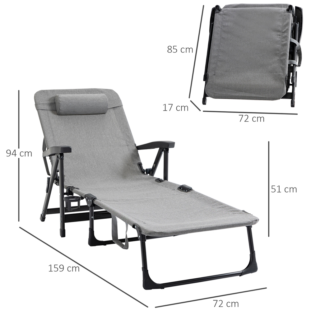 Outsunny Light Grey Recliner Folding Sun Lounger with Pillow and Cup Holder Image 7