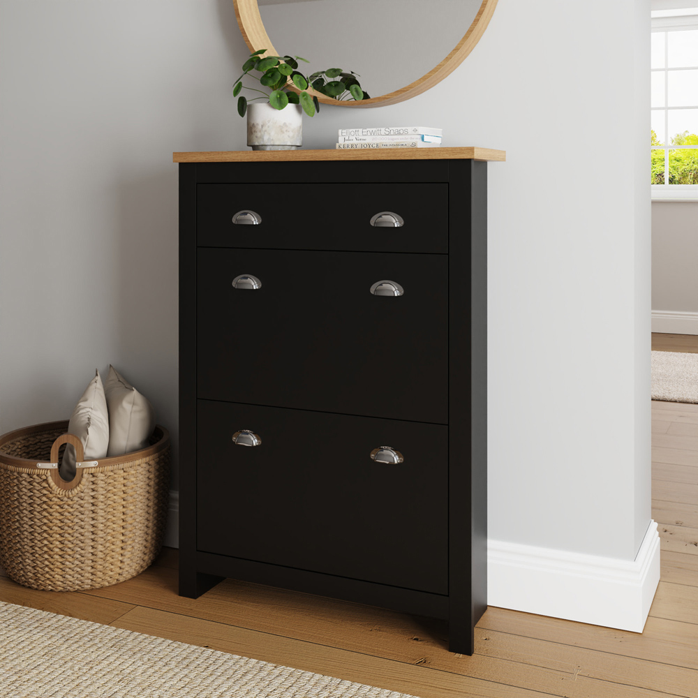 GFW Lancaster 2 Door 1 Drawer Black and Oak Shoe Cabinet Image 6