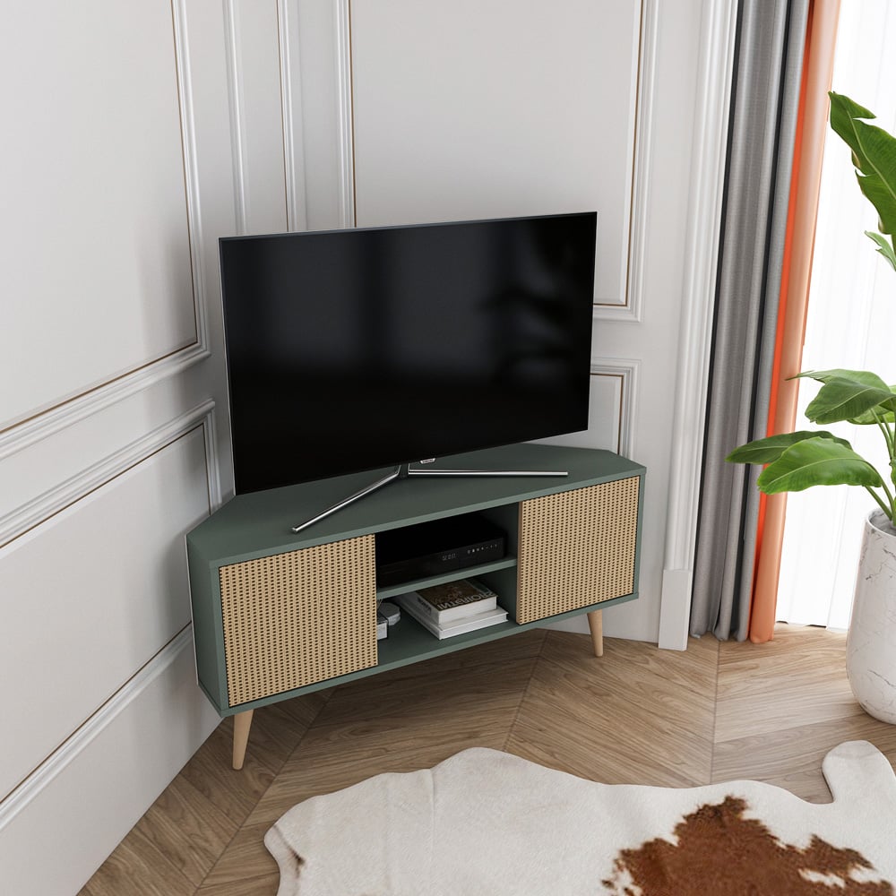 Decorotika Lesson 2 Door 2 Shelf Green and Rattan Corner TV Stand Image 3