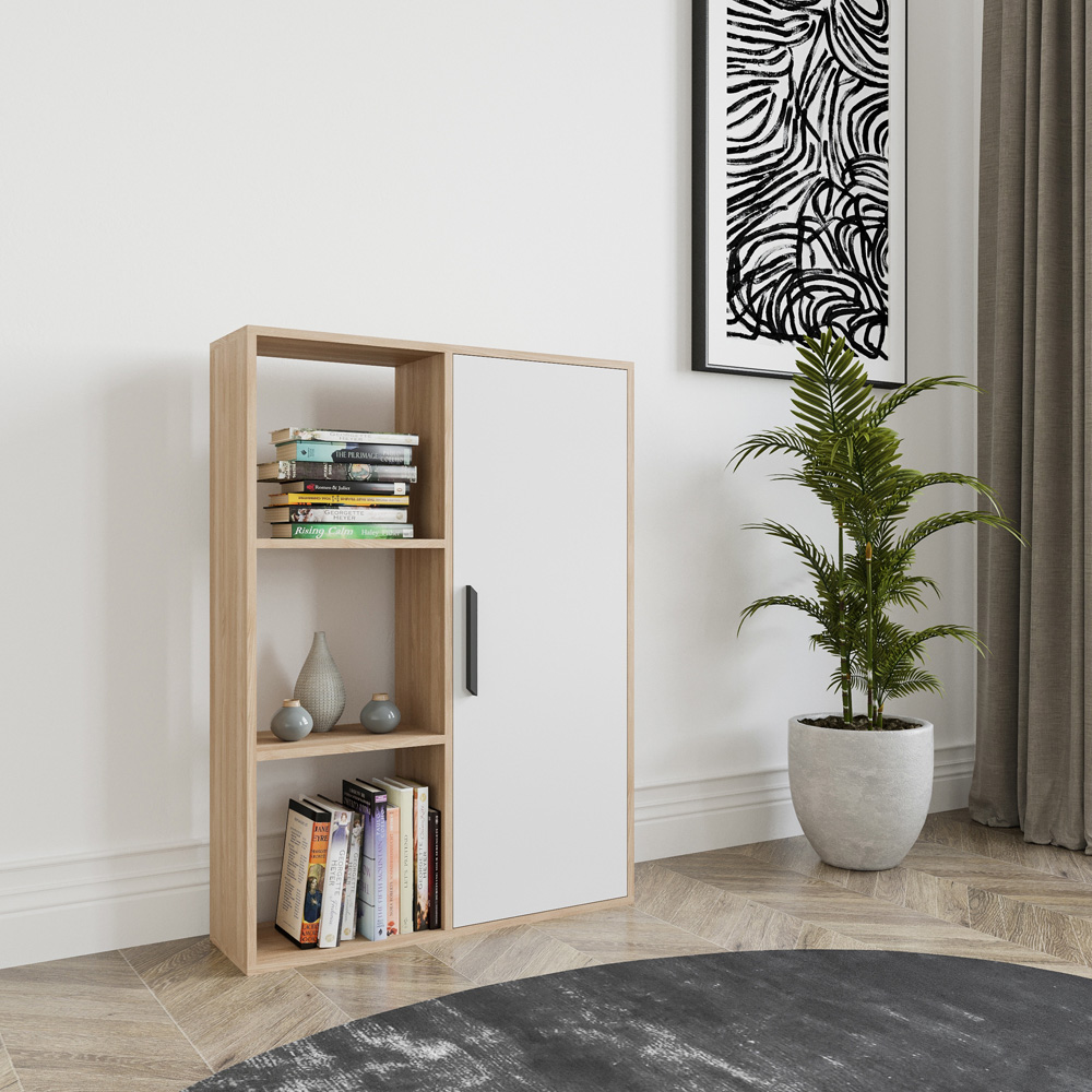 Decorotika Patrick Single Door 3 Shelf Oak and White Bookcase Image 3