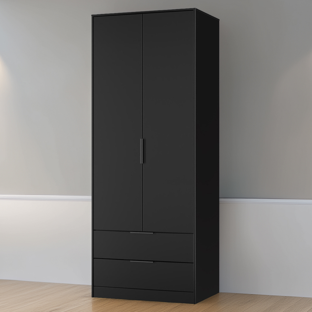Crowndale Hong Kong 2 Door 2 Drawer Matt Black Tall Wardrobe Ready Assembled Image 1