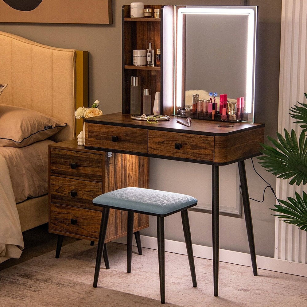 Costway Brown Vanity Dressing Table Set with LED Mirror and Charging Station Image 1