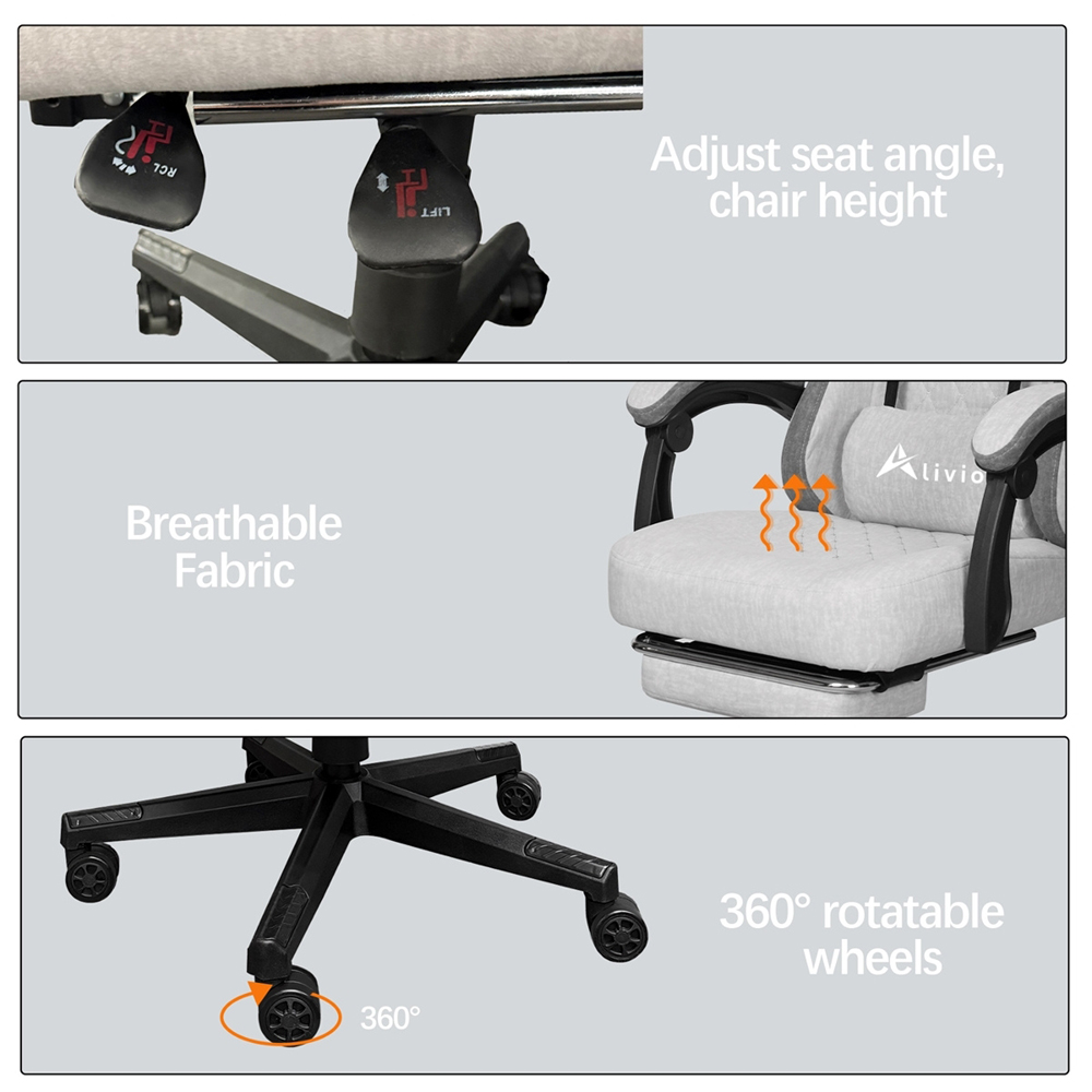 Alivio Grey Fabric Ergonomic Gaming Chair with Footrest and Headrest Image 6
