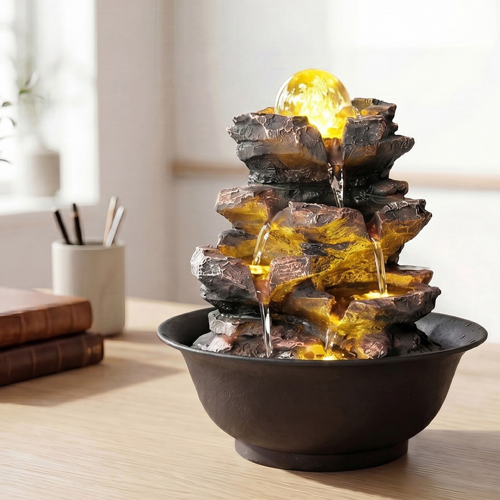 Spector Brown Resin Indoor Tabletop Water Fountain with LED Glass Ball Image 2