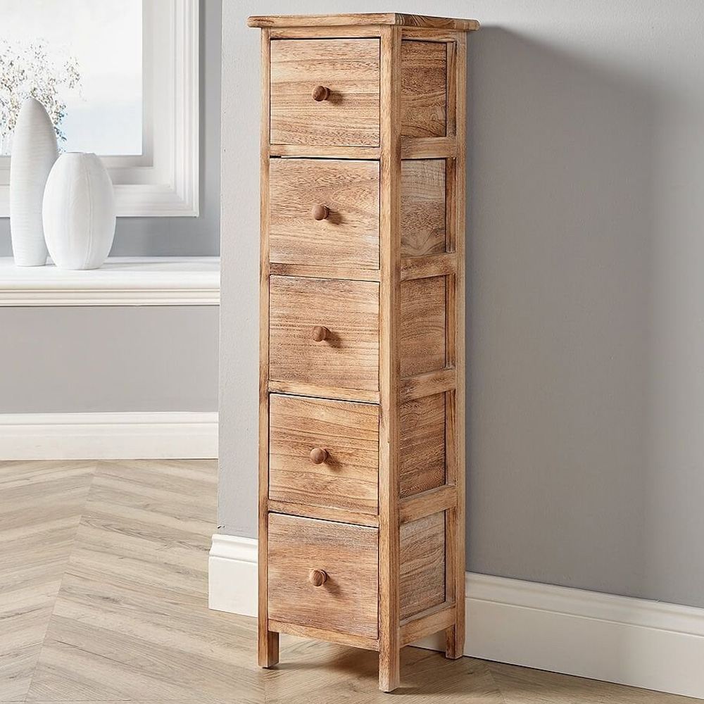 Home Source Canterbury 5 Drawer Natural Washed Solid Wood Tall Chest of Drawers Image 1