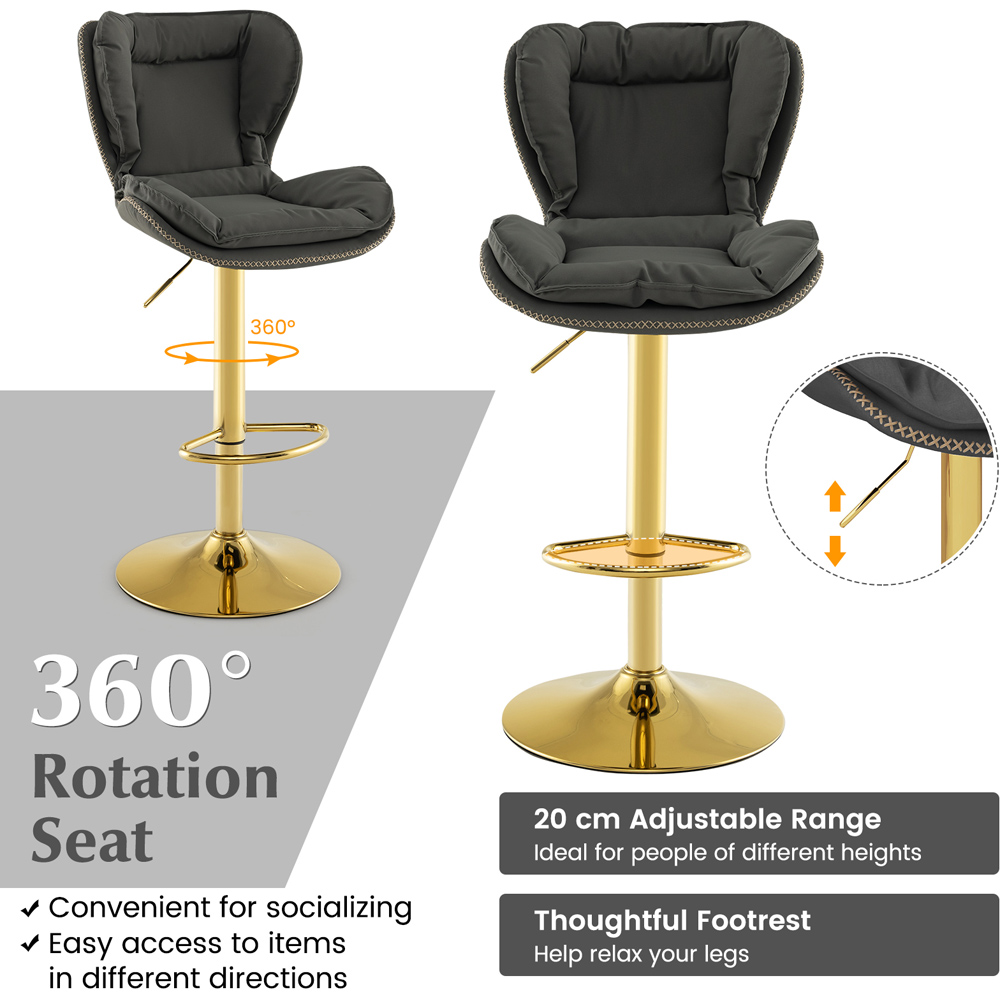 Costway Set of 2 Grey Adjustable PU Leather Bar Stool with Padded Seat Image 5