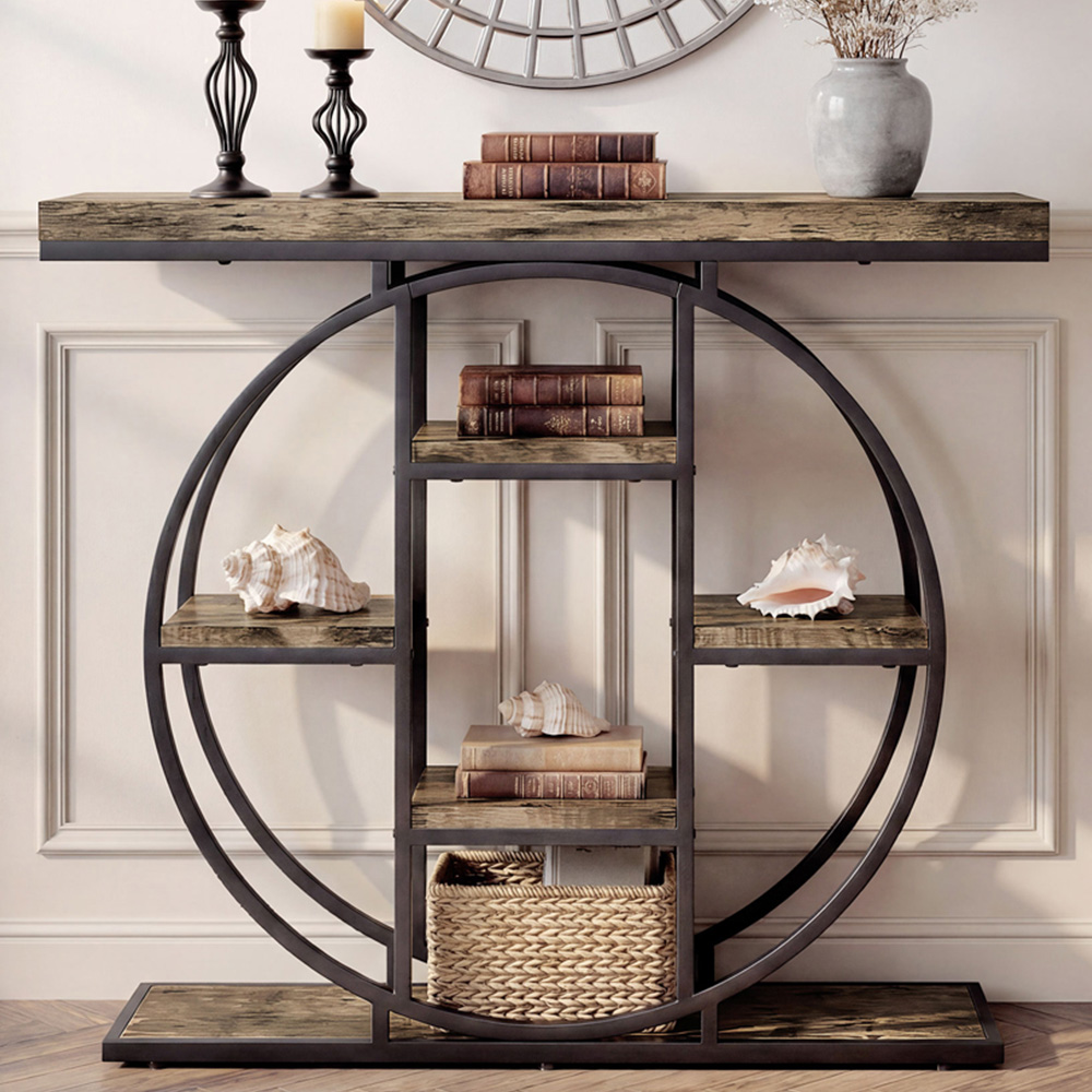 Portland 6 Shelf Rustic Brown Industrial Console Table Image 1