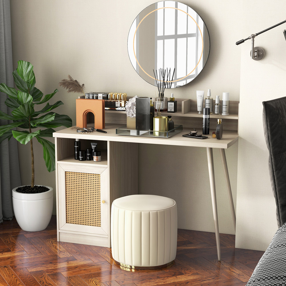 Costway Single Door PE Rattan Computer Desk with Hutch White Oak Image 4