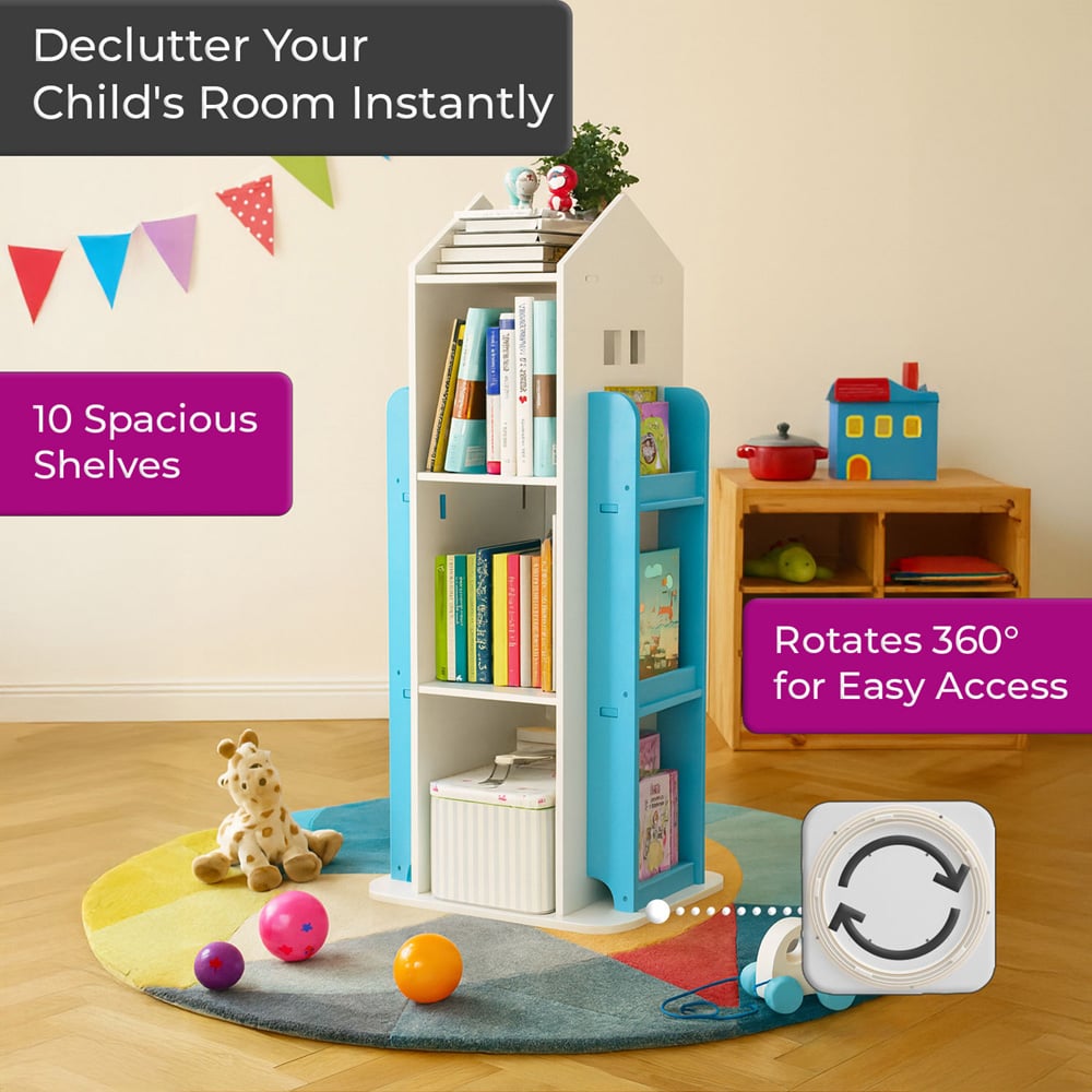 Neo Blue House Shaped Rotating Kid's Freestanding Bookshelf Image 6