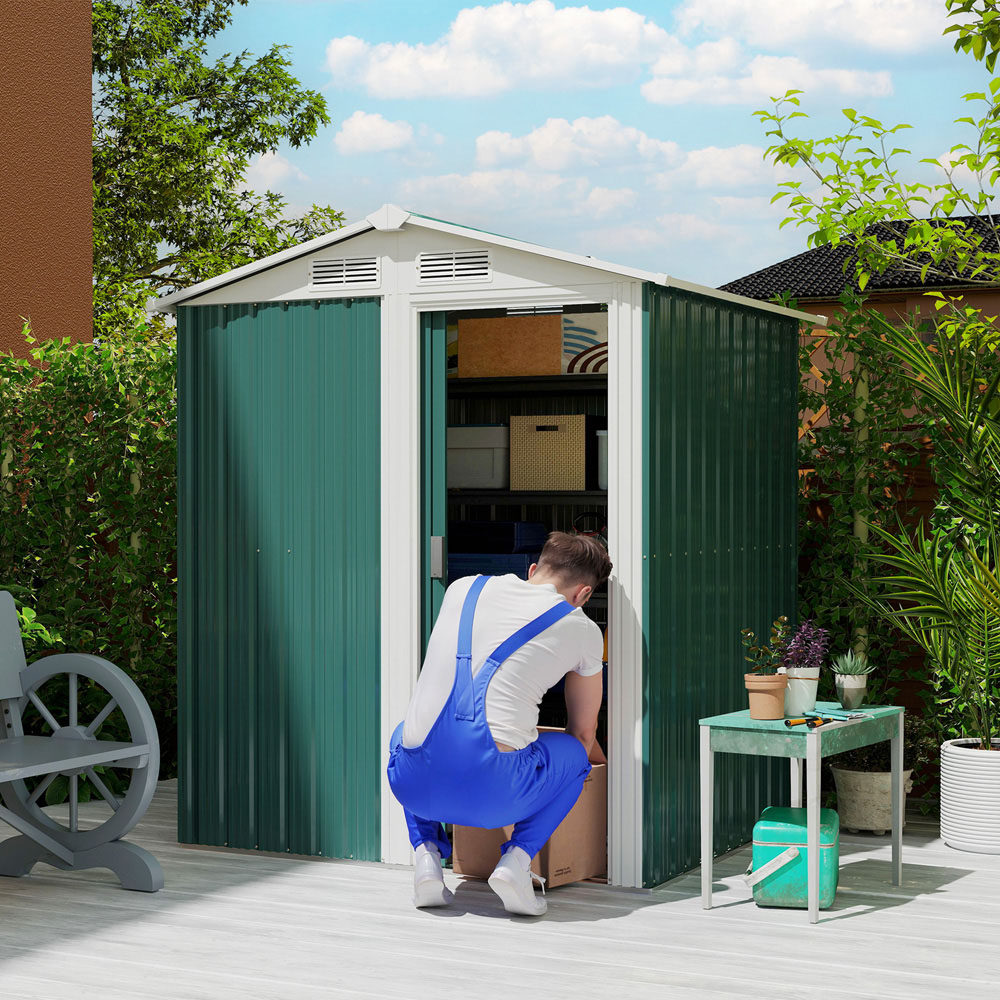 Outsunny 3.6 x 4.5ft Green Metal Apex Garden Tool Shed Image 2