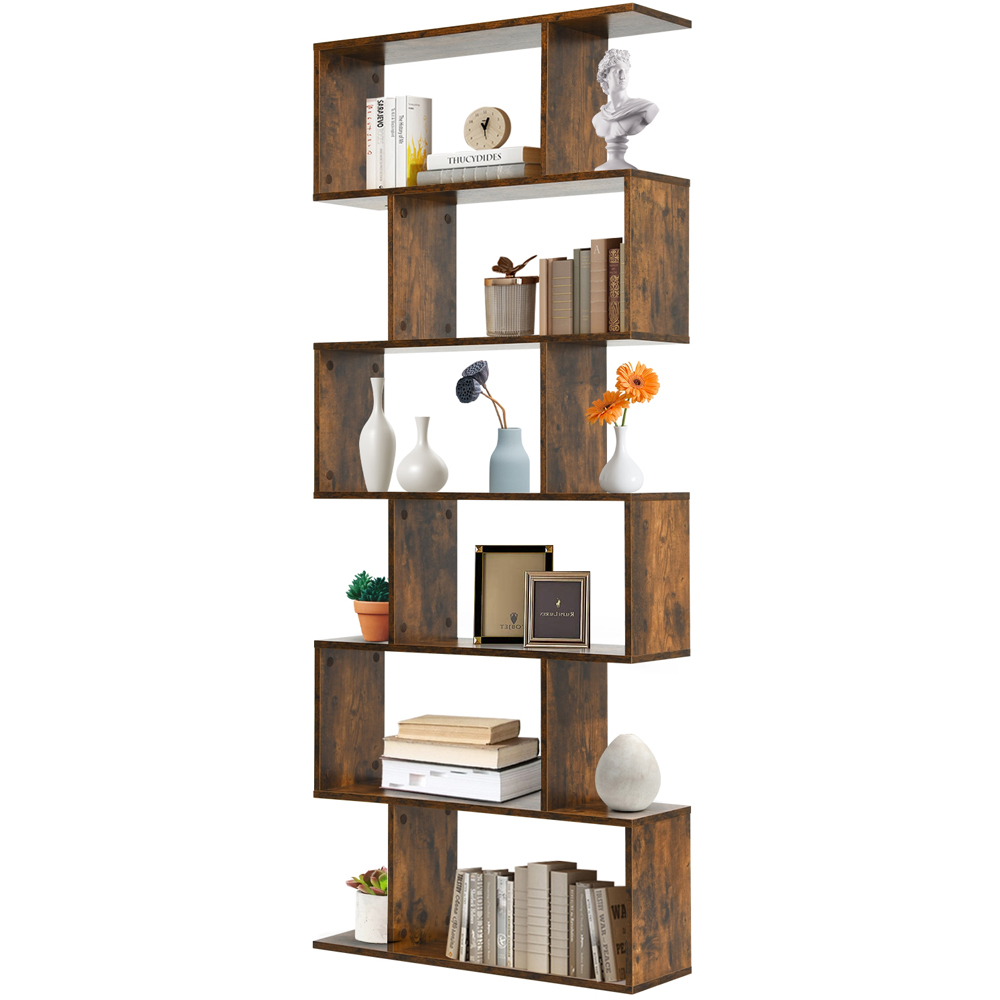 Costway 6 Shelf Brown S Shaped Wooden Industrial Bookshelf Image 3