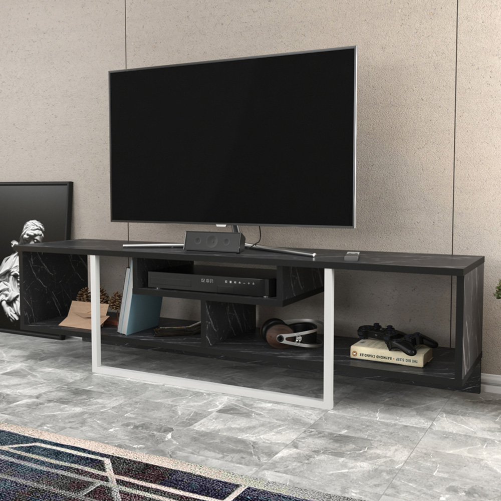 Decorotika Asal 3 Shelf Black Marble Effect and White TV Unit Image 1