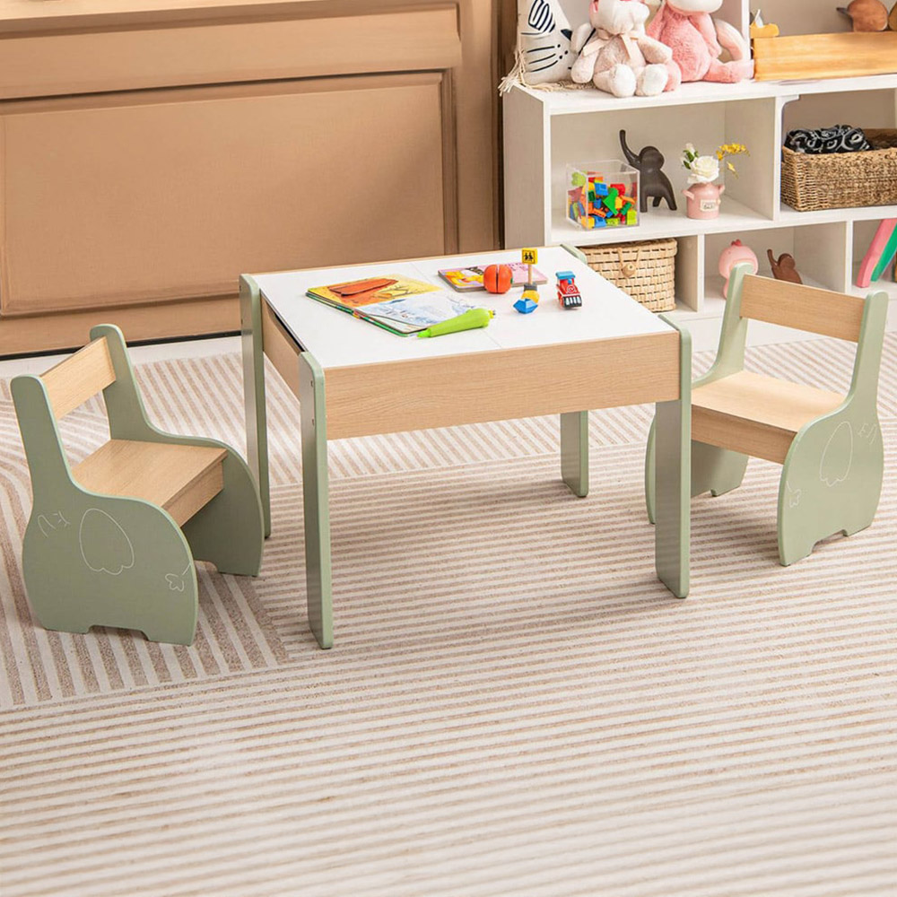 Costway Green Kids Table and Chair Set with Hidden Storage Image 1